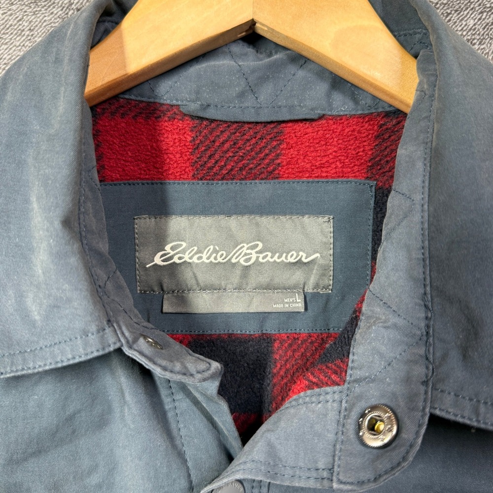 Eddie Bauer Jacket Mens L Fleece Lined Canvas Shirt Blue Gray Plaid Large - Picture 2 of 7